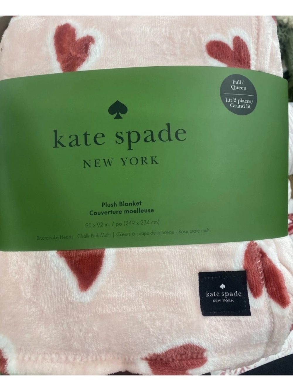 Kate Spade Pink White & Red HEART DESIGN PLUSH BLANKET Size 98”x92”  Full/Queen